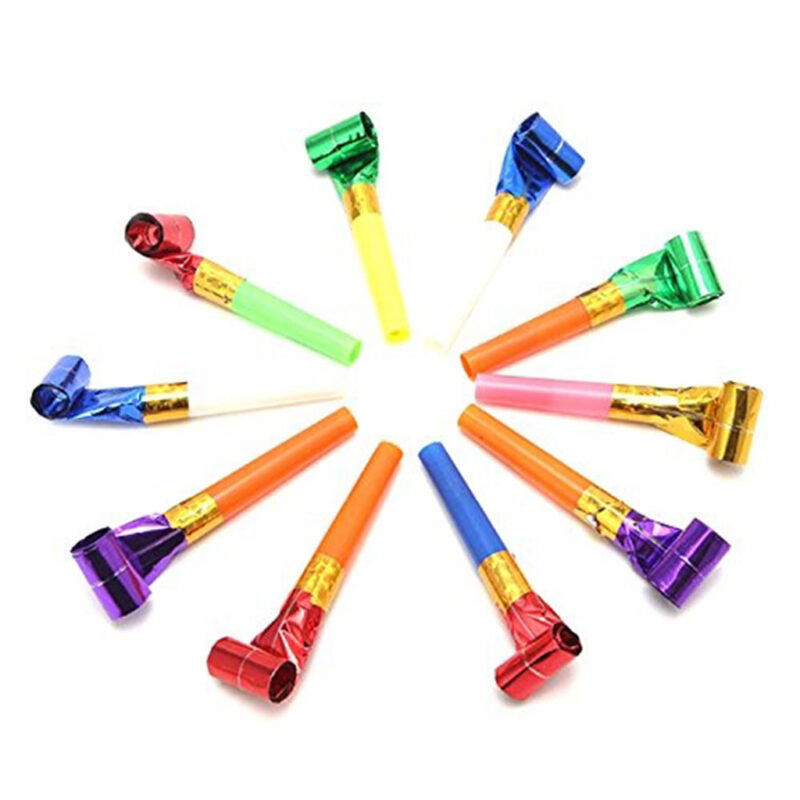 A packaged Party Blowouts Pack containing 10 assorted colorful blowouts, with visible text indicating the quantity and 'Assorted Colours'.