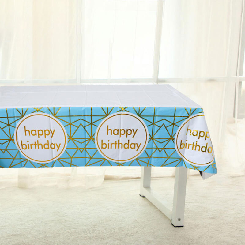 Blue Gold Happy Birthday Table Cover