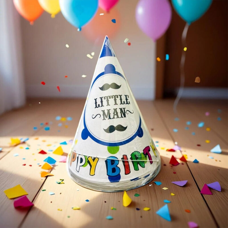 A Little Man Birthday Hat in white and blue, featuring a mustache design and "Little Man" text, surrounded by colorful confetti and balloons.
