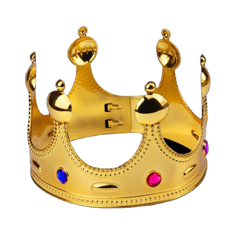A Gold King Crown adorned with bright blue and pink jewels, set against a white background.