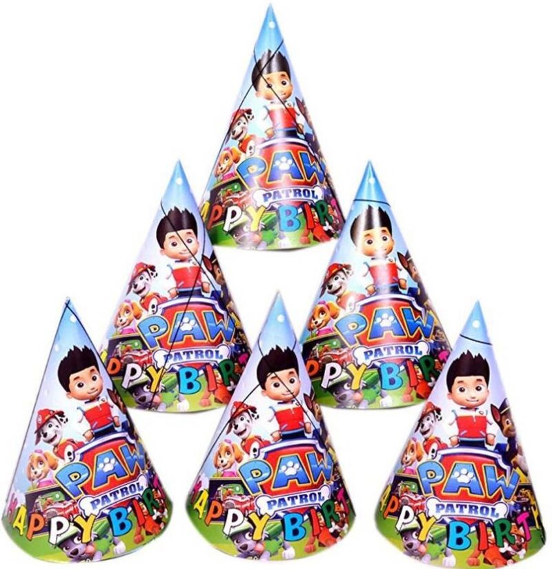 A group of ten Paw Patrol birthday hats featuring Ryder and the Paw Patrol pups.