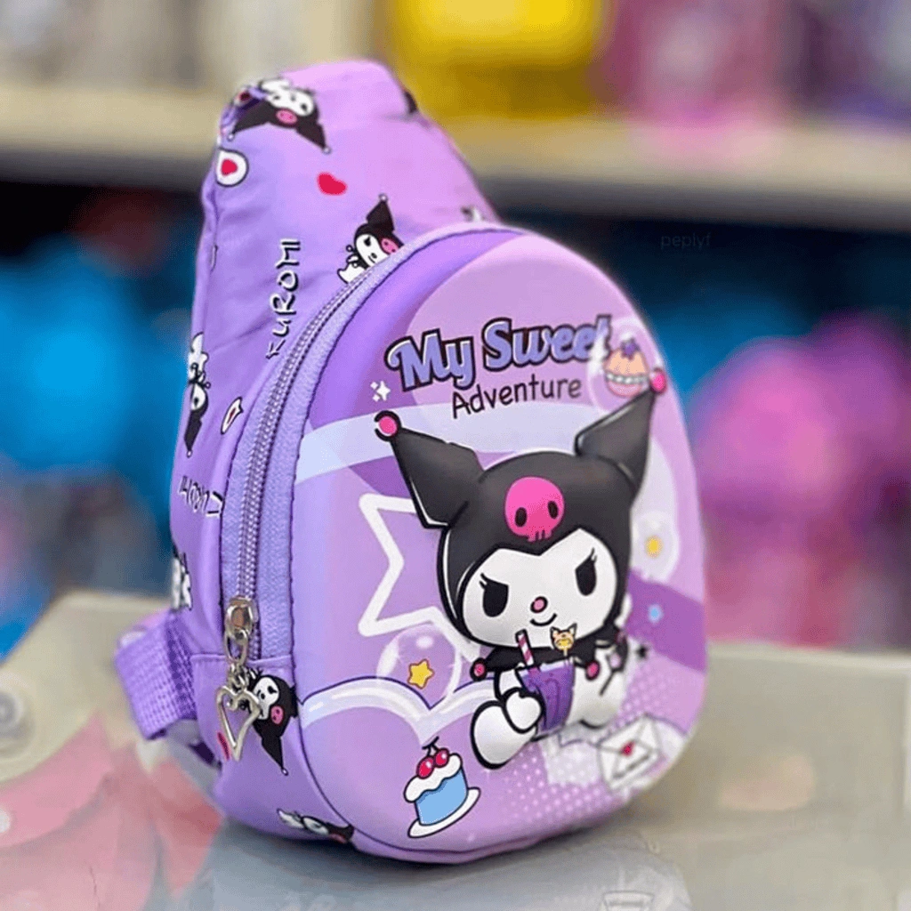 An Adorable Girls Chest Bag in purple featuring the Sanrio character Kuromi with text