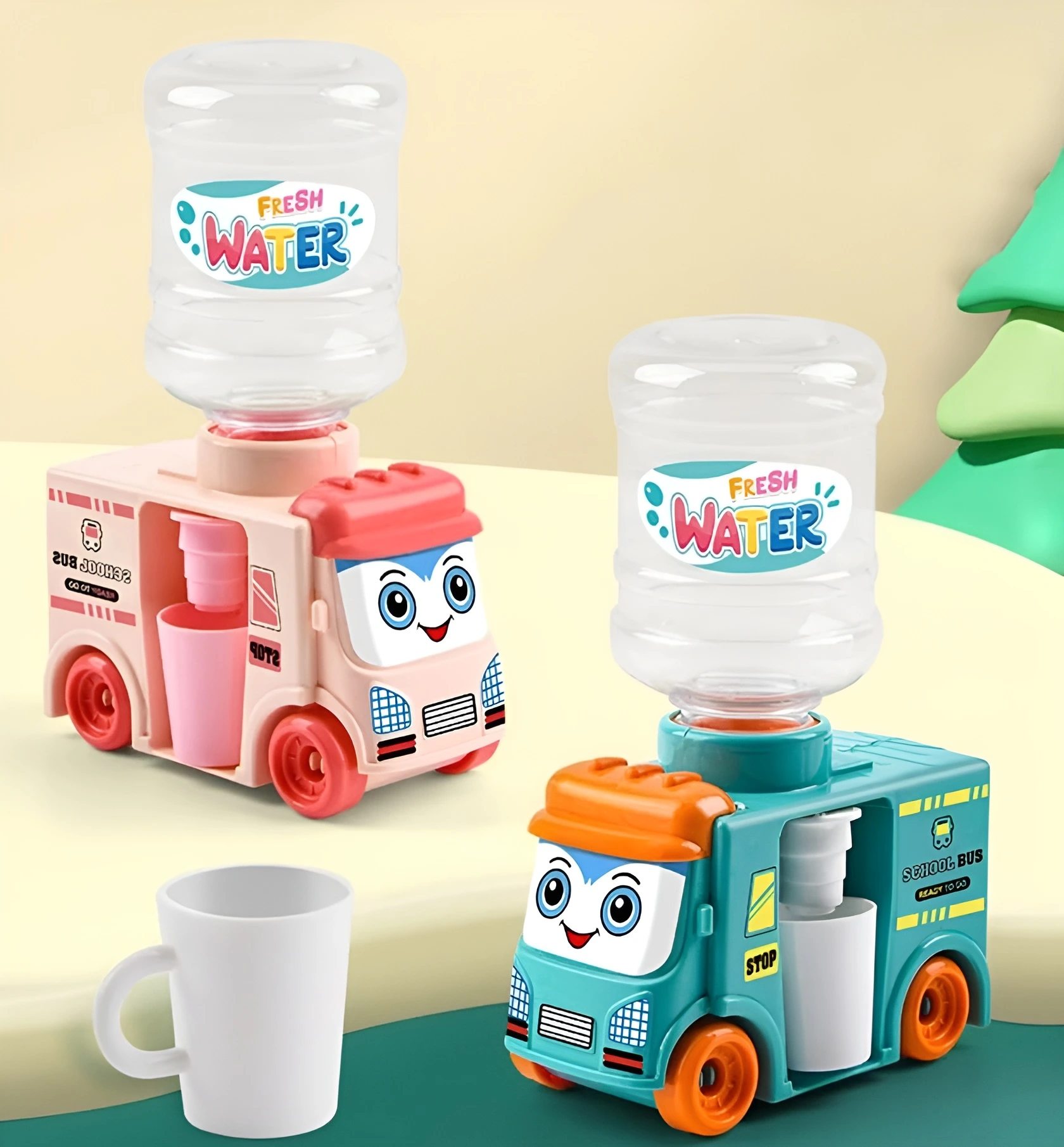 Two Kids Bus Water Dispenser Toys, one pink and one blue, both with