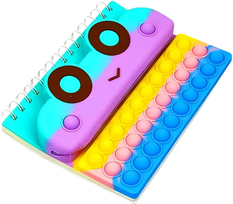 A Pop It Diary with Attached Pouch, showing the rainbow-colored "pop it" diary and its integrated, matching rectangular "pop it" pouch.
