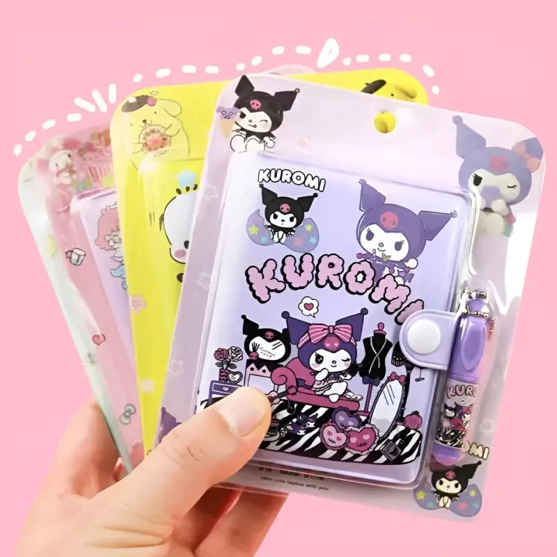 A hand holding the Sanrio Mini Diary with Pen, illustrating its compact size and portability.