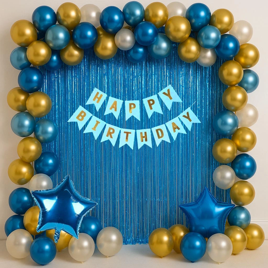 A stunning party backdrop created using the Dazzling Blue Gold Theme Kit, featuring a vibrant arch of blue, gold, and silver chrome balloons, with blue star foil balloons, and a blue