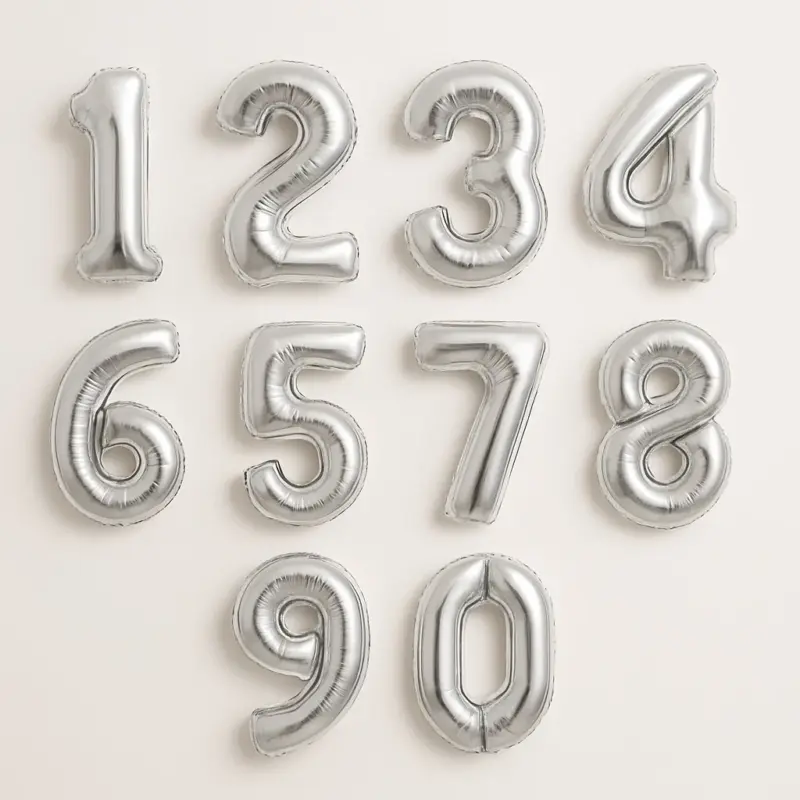 A pair of 32 Silver Number Balloons, depicting the digits "2" and "0", shining brightly as part of a customizable celebration decor.