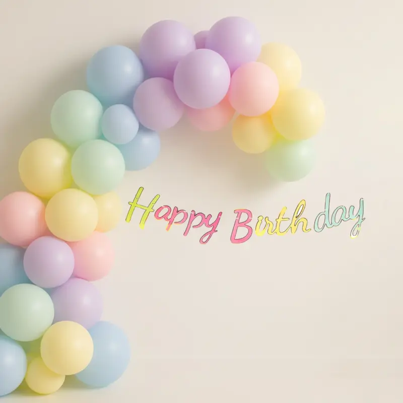 An elaborate balloon garland featuring a mix of pink, green, yellow, blue, and lilac pastel balloons, with a "Happy Birthday" cursive banner, demonstrating a complete Pastel Birthday Decor Kit setup.